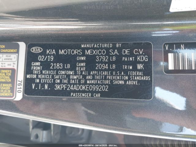 3KPF24AD0KE099202 KIA Forte Lxs