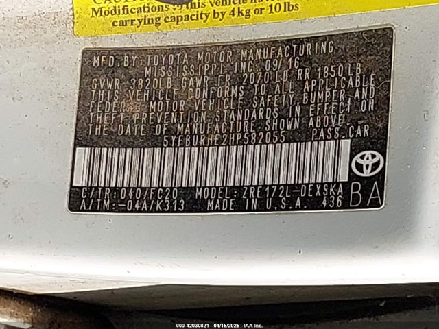5YFBURHE2HP582055 Toyota COROLLA SE