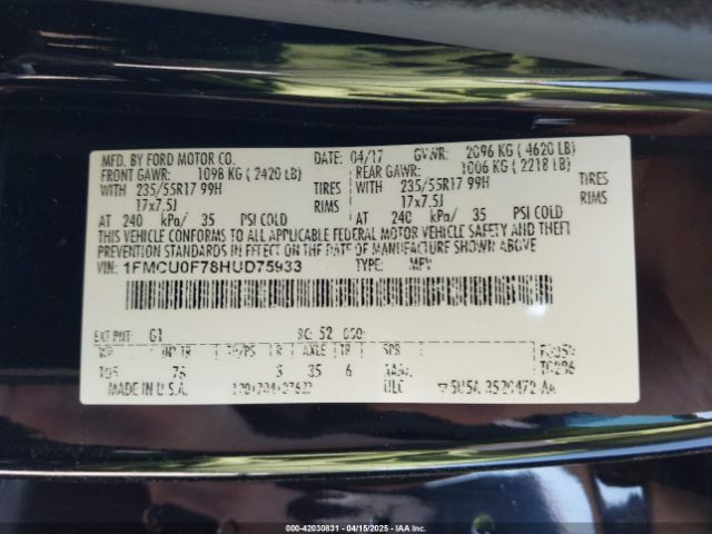 1FMCU0F78HUD75933 Ford ESCAPE S