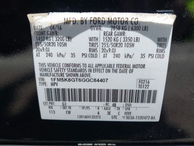 1FM5K8GT6GGC84407 Ford EXPLORER SPORT