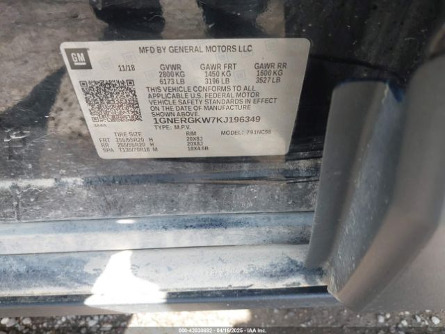 1GNERGKW7KJ196349 Chevrolet Traverse 1lt