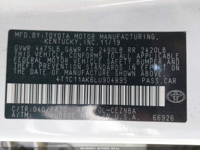 4T1C11AK6LU904895 Toyota CAMRY LE