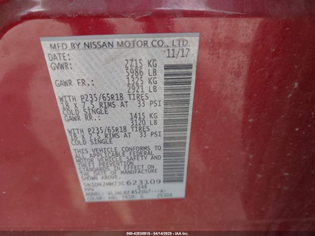 5N1DR2MM7JC623109 Nissan Pathfinder S