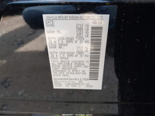 5N1DR2MM5HC611759 Nissan Pathfinder Platinum