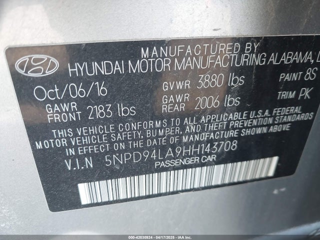 5NPD94LA9HH143708 Hyundai Elantra Eco