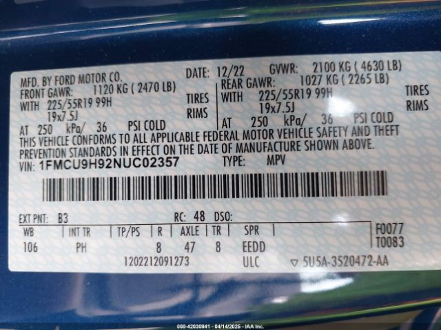 1FMCU9H92NUC02357 Ford ESCAPE SEL