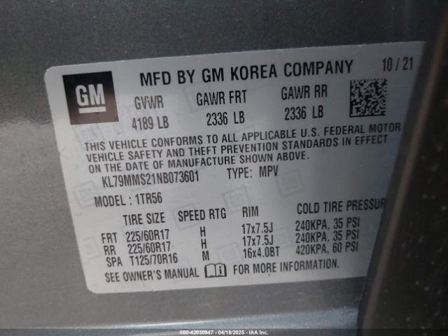 KL79MMS21NB073601 Chevrolet Trailblazer Fwd Ls