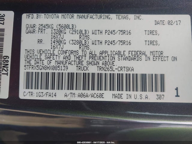 5TFRX5GN8HX085139 Toyota Tacoma Sr