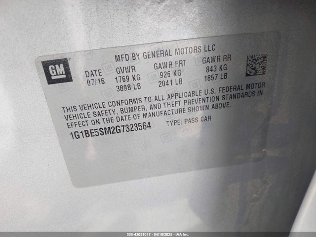 1G1BE5SM2G7323564 Chevrolet Cruze Lt Auto