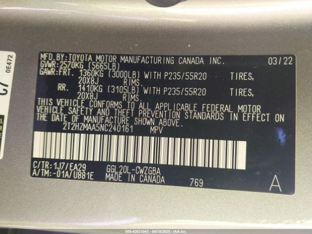 2T2HZMAA5NC240161 Lexus RX 350