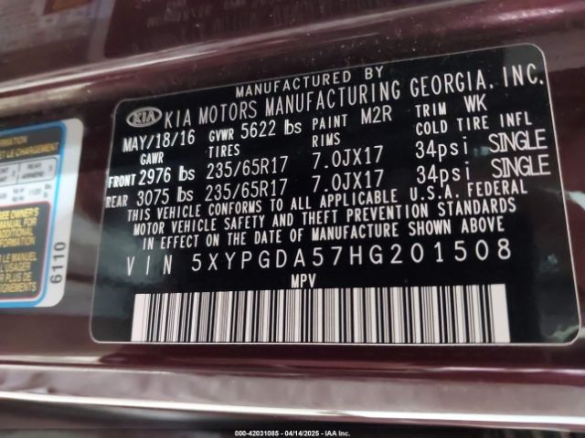 5XYPGDA57HG201508 KIA Sorento 3.3l Lx