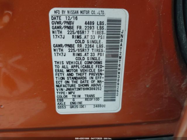 JN8AT2MT6HW389252 Nissan ROGUE SV