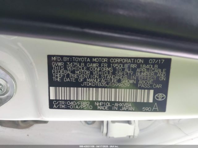 JTDKDTB35J1599639 Toyota Prius C Two