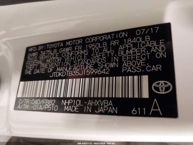 JTDKDTB35J1599642 Toyota Prius C Two