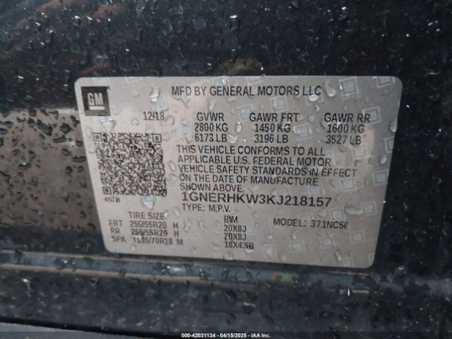 1GNERHKW3KJ218157 Chevrolet Traverse 3lt