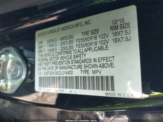 5J8TB3H35GL014400 Acura Rdx Acurawatch Plus Pkg