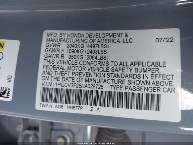 2022 HONDA ACCORD 1HGCV3F28NA029726 Photo 8