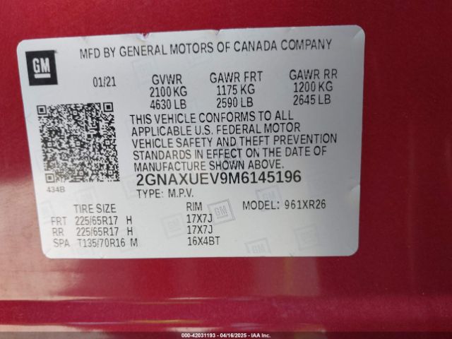 2GNAXUEV9M6145196 Chevrolet Equinox Awd Lt