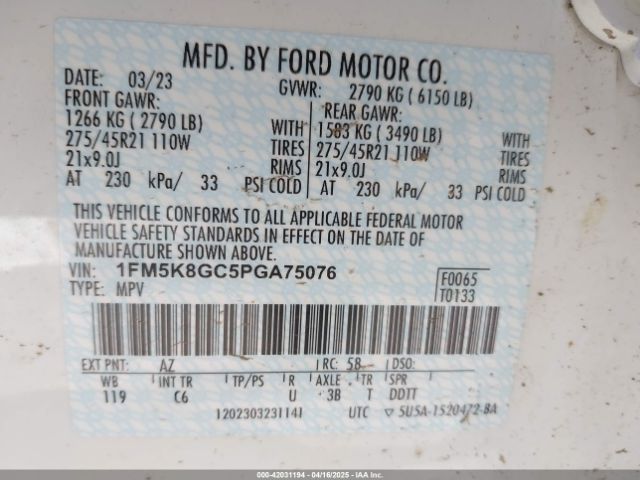 1FM5K8GC5PGA75076 Ford Explorer St