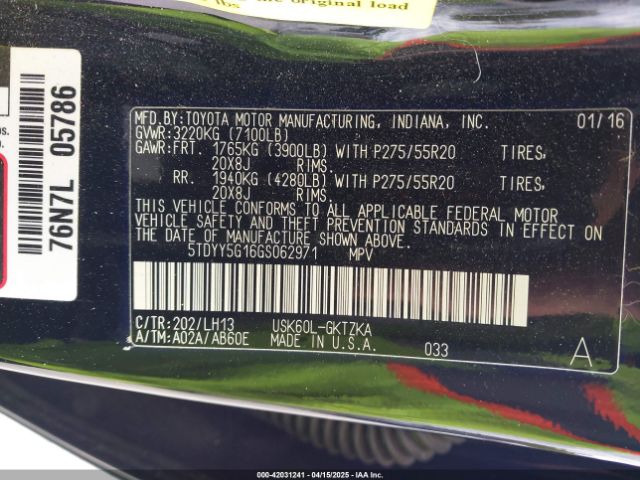 5TDYY5G16GS062971 Toyota Sequoia Platinum 5.7l V8