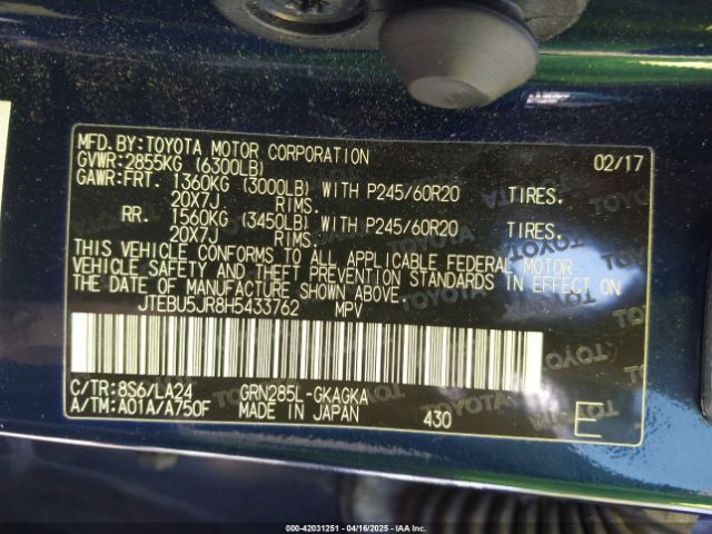 JTEBU5JR8H5433762 Toyota 4runner Limited