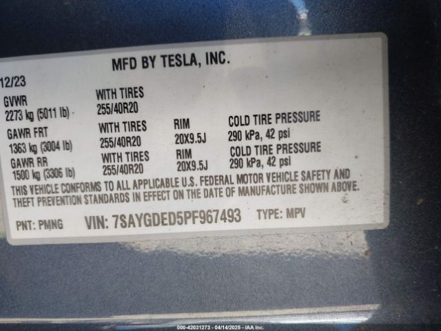 7SAYGDED5PF967493 Tesla Model Y Rwd
