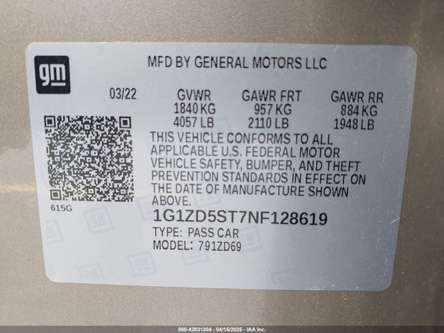 1G1ZD5ST7NF128619 Chevrolet Malibu Fwd Lt