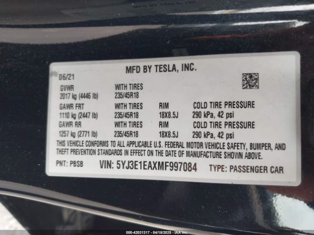 5YJ3E1EAXMF997084 Tesla Model 3 Standard Range Plus Rear-wheel Drive