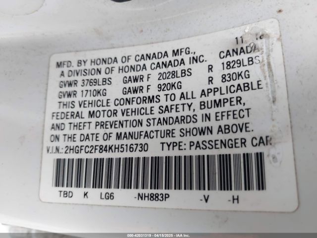 2HGFC2F84KH516730 Honda Civic Sport