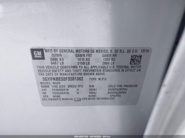 3GYFNBE32FS581362 Cadillac Srx Luxury Collection