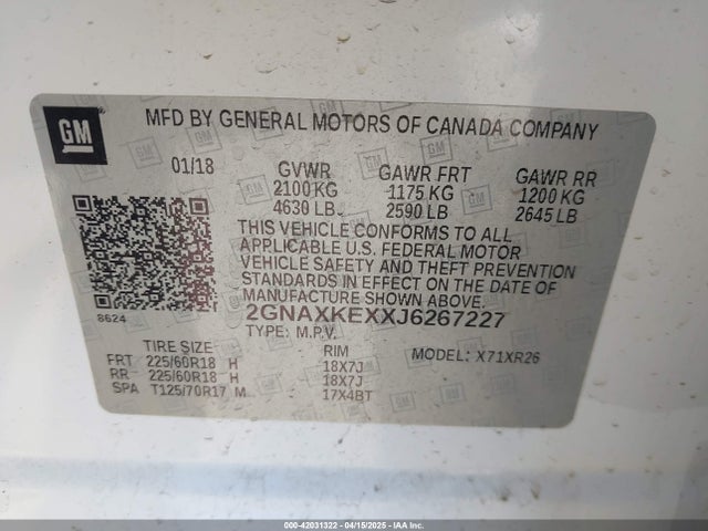 2GNAXKEXXJ6267227 Chevrolet EQUINOX LT