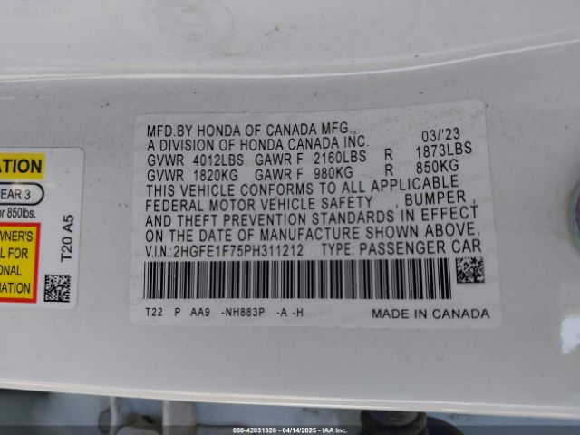 2HGFE1F75PH311212 Honda Civic Ex /ex W/o Bsi