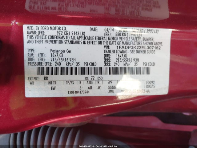 1FADP3K22EL307162 Ford 2014