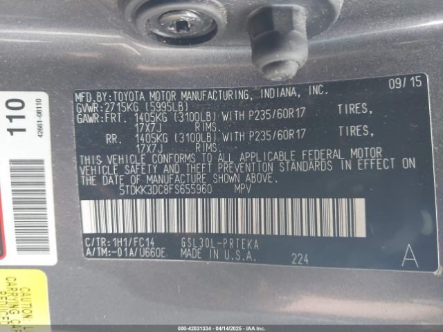 5TDKK3DC8FS655960 Toyota Sienna Le 8 Passenger
