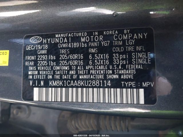KM8K1CAA8KU288114 Hyundai Kona Se