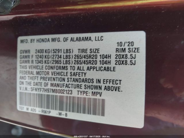 5FNYF7H97MB002123 Honda Passport 2wd Touring
