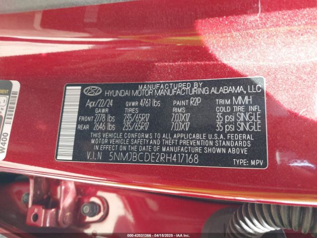 5NMJBCDE2RH417168 Hyundai TUCSON SEL