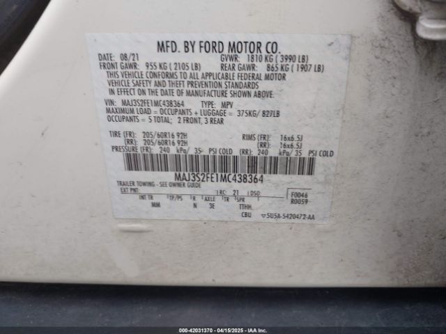 MAJ3S2FE1MC438364 Ford ECOSPORT S