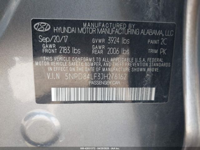 5NPD84LF3JH276162 Hyundai ELANTRA SEL