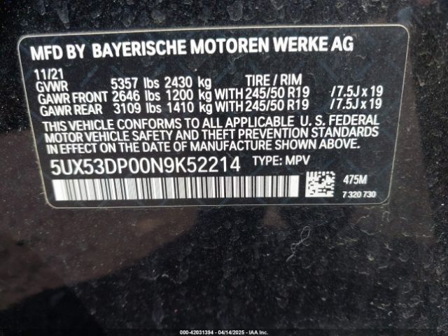 5UX53DP00N9K52214 BMW X3 Xdrive30i
