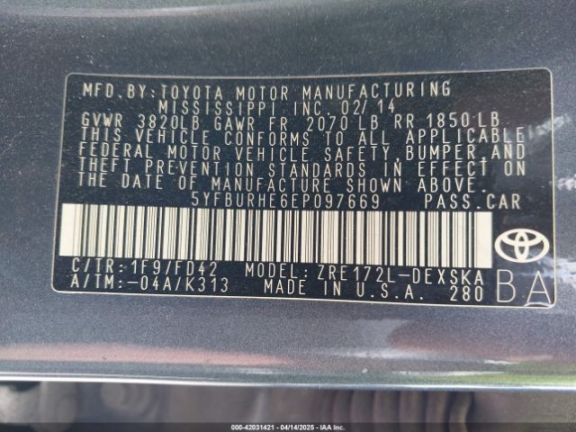 5YFBURHE6EP097669 Toyota Corolla S Plus