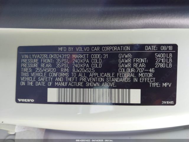 LYVA22RL0KB243112 Volvo Xc60 T6 Inscription