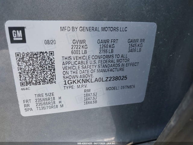 1GKKNKLA0LZ238025 GMC Acadia Fwd Sle