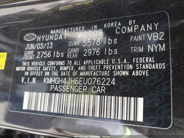 KMHGH4JH6EU076224 Hyundai Gdi Tau