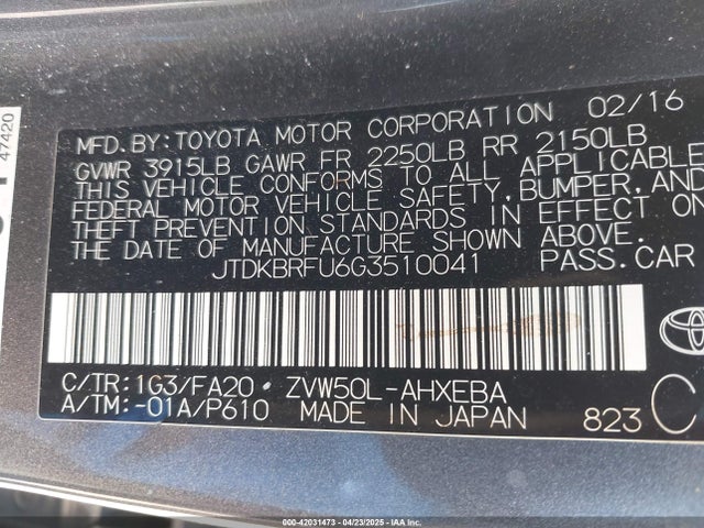 JTDKBRFU6G3510041 Toyota Prius Two