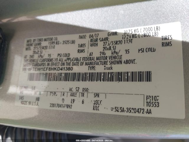 1FTEW1EF8HKD41380 Ford F-150 Lariat