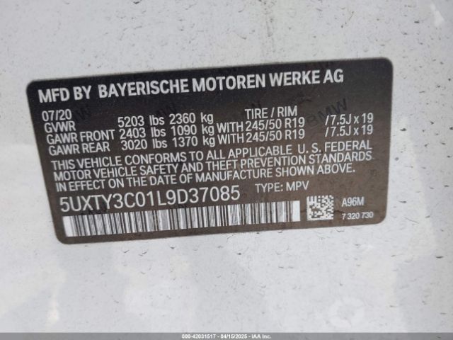 5UXTY3C01L9D37085 BMW X3 Sdrive30i