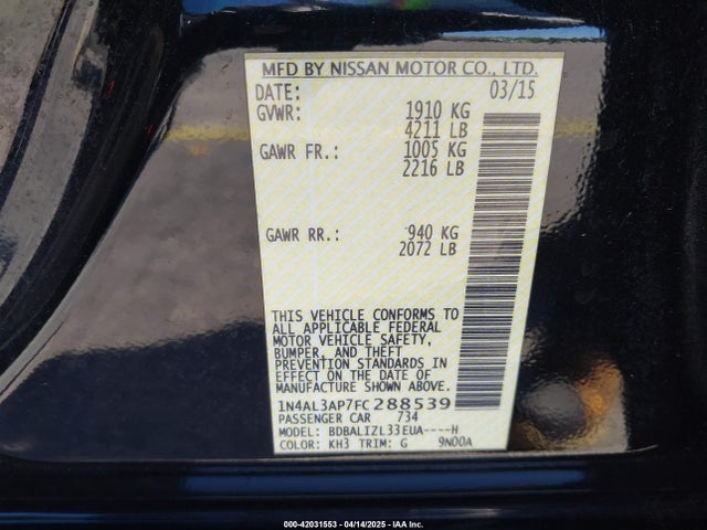 1N4AL3AP7FC288539 Nissan Altima 2.5 Sv