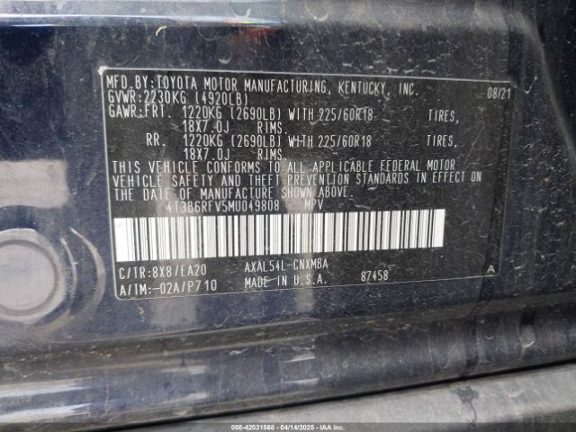 4T3B6RFV5MU049808 Toyota Rav4 Hybrid Xle Premium