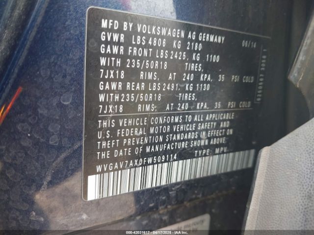 WVGAV7AX0FW509114 Volkswagen Tiguan Sel